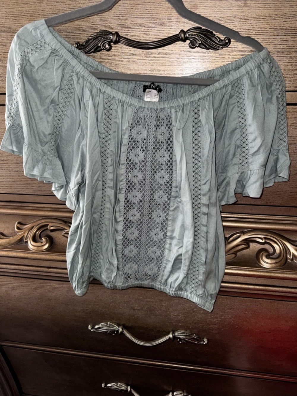 VENUS Sage Green Off-Shoulder Lace-Panel Blouse